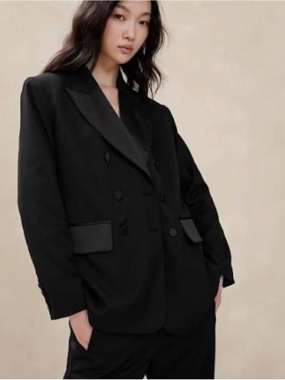 Banana Republic Black Double-Breasted Blazer with Satin Lapels